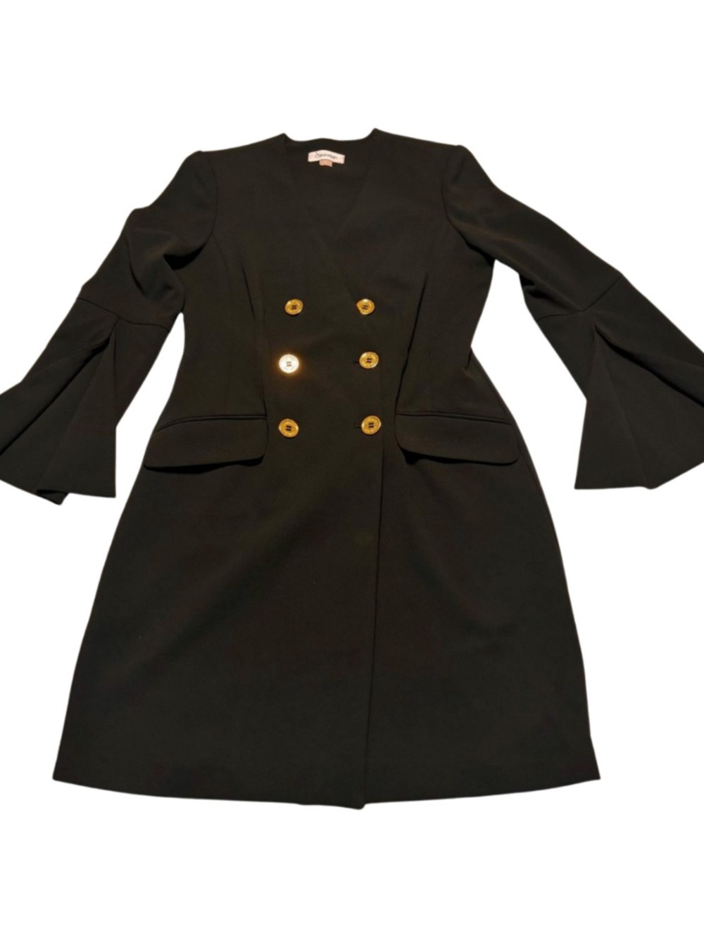 Calvin Klein Black Double-Breasted Coat Dress Gold Buttons Pockets 2P Petites